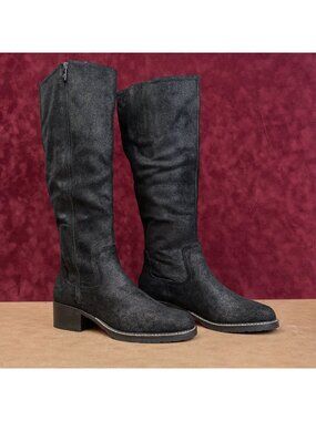Donald Pliner Wmn Philip Black Distress Leather Classic Riding Comfort Boots 8.5